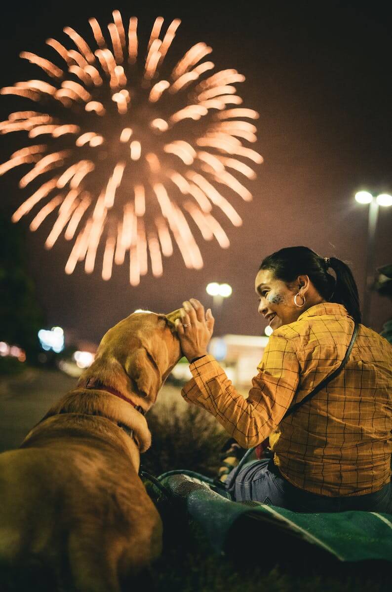 A woman and her dog watching fireworks