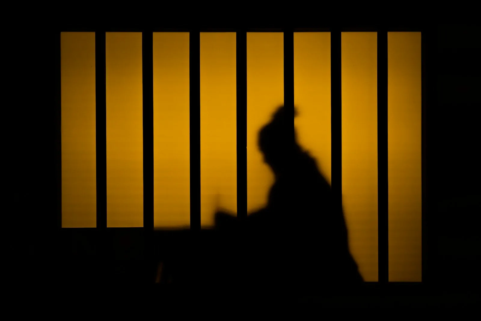 a shadow of a person behind bars of a jail cell