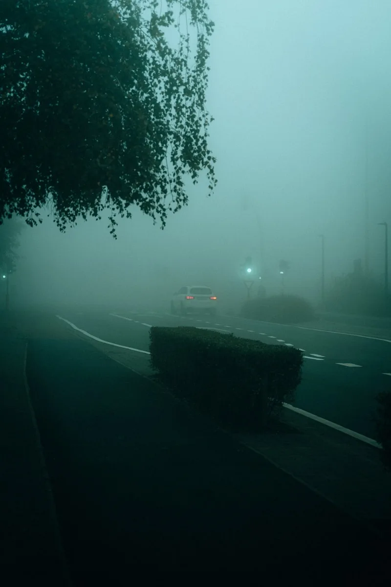 a car driving down a road in the fog