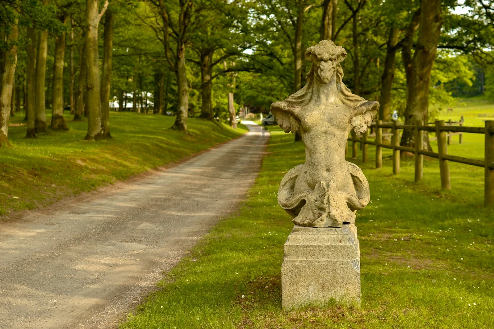 male statue beside farm road