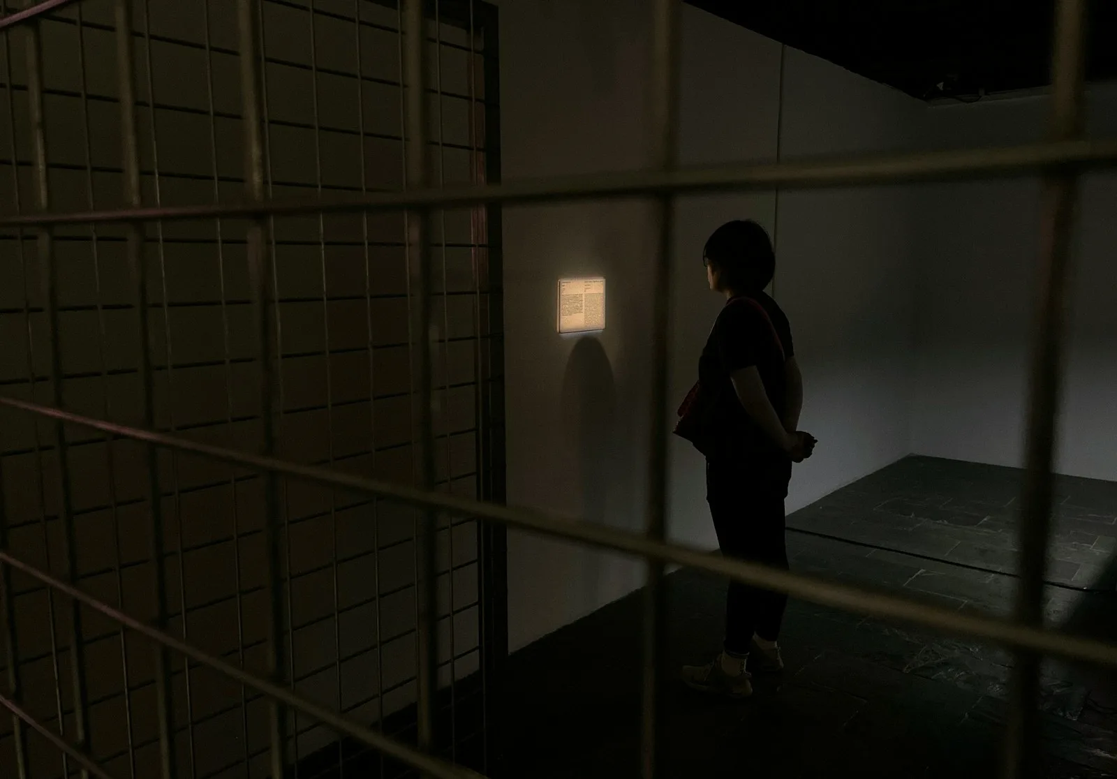 A person standing in a dimly lit room