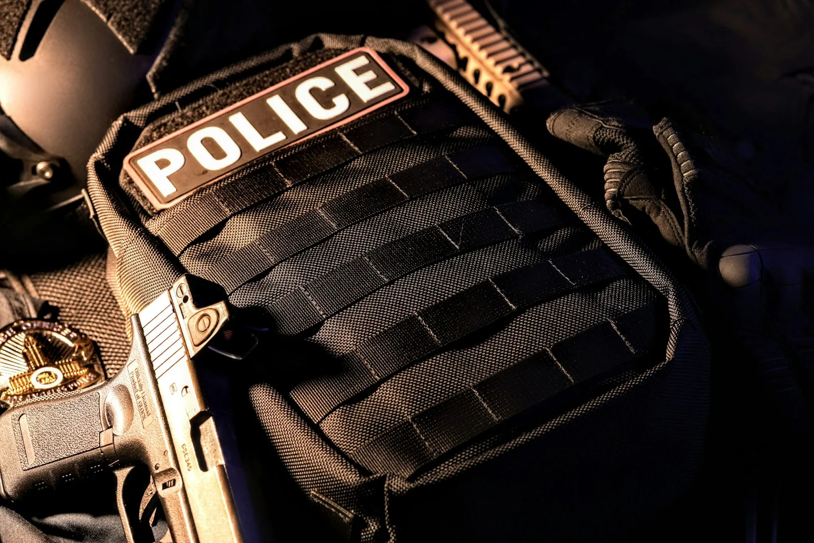 a close up of a police vest with a gun