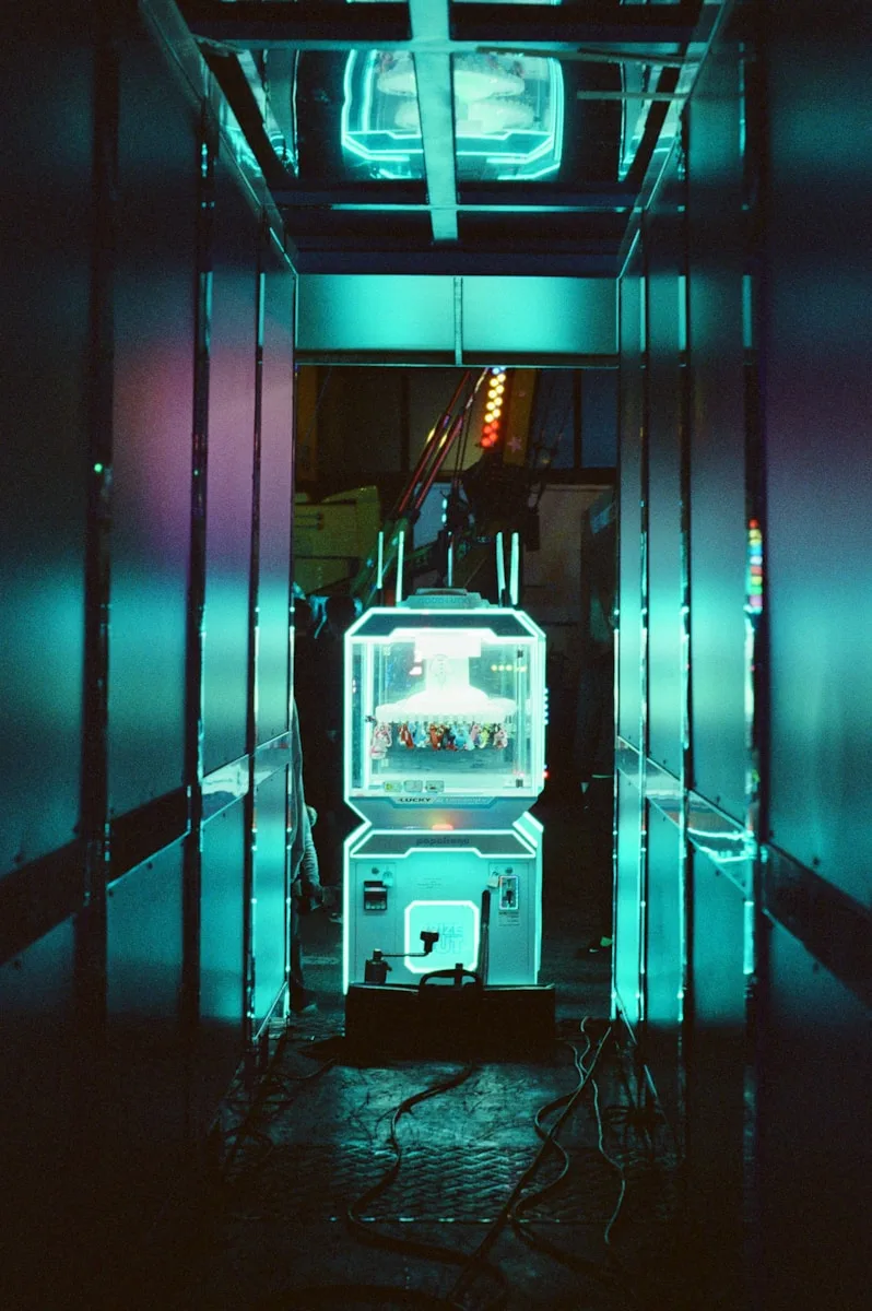 A refrigerator in a room with neon lights