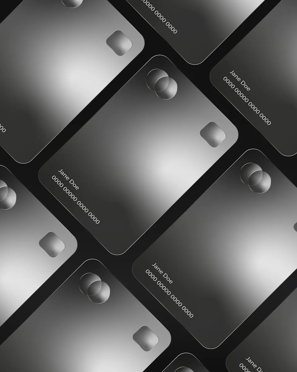 Multiple credit cards arranged in a pattern.