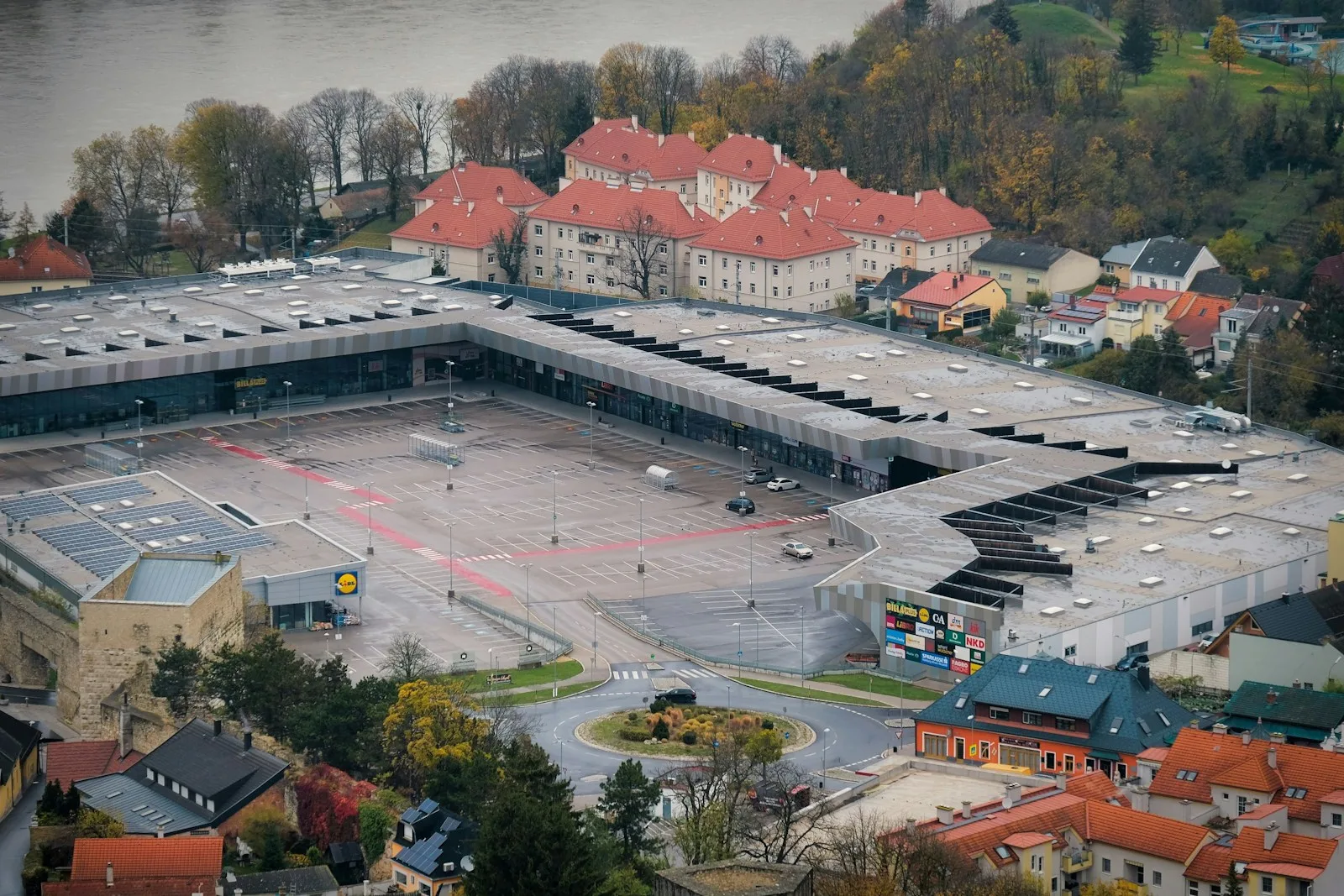 An aerial view of a shopping center.