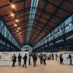 a group of people standing inside of a building
