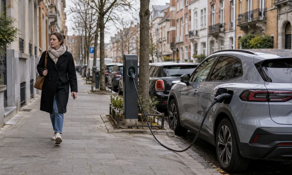 Samochód elektryczny podłączony do publicznej ładowarki na ulicy w Brukseli