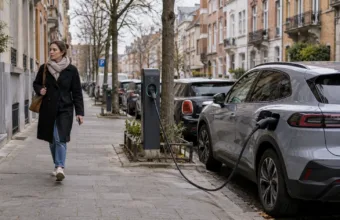 Samochód elektryczny podłączony do publicznej ładowarki na ulicy w Brukseli