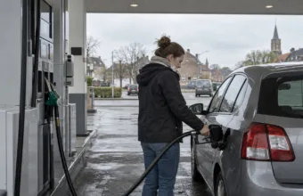 Kierowca tankuje samochód na stacji paliw w Belgii