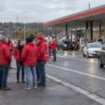 Związkowcy w czerwonych kurtkach przy stacji paliw w Walonii