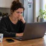 Kobieta przy kuchennym stole z niepokojem czyta wiadomość na laptopie