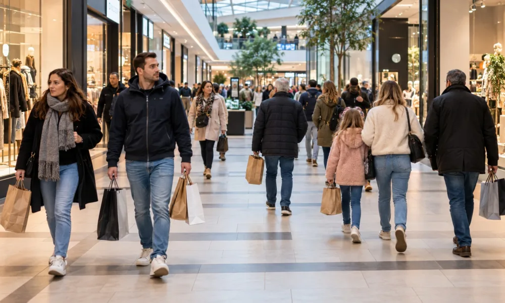 Klienci z torbami w galerii handlowej w Belgii