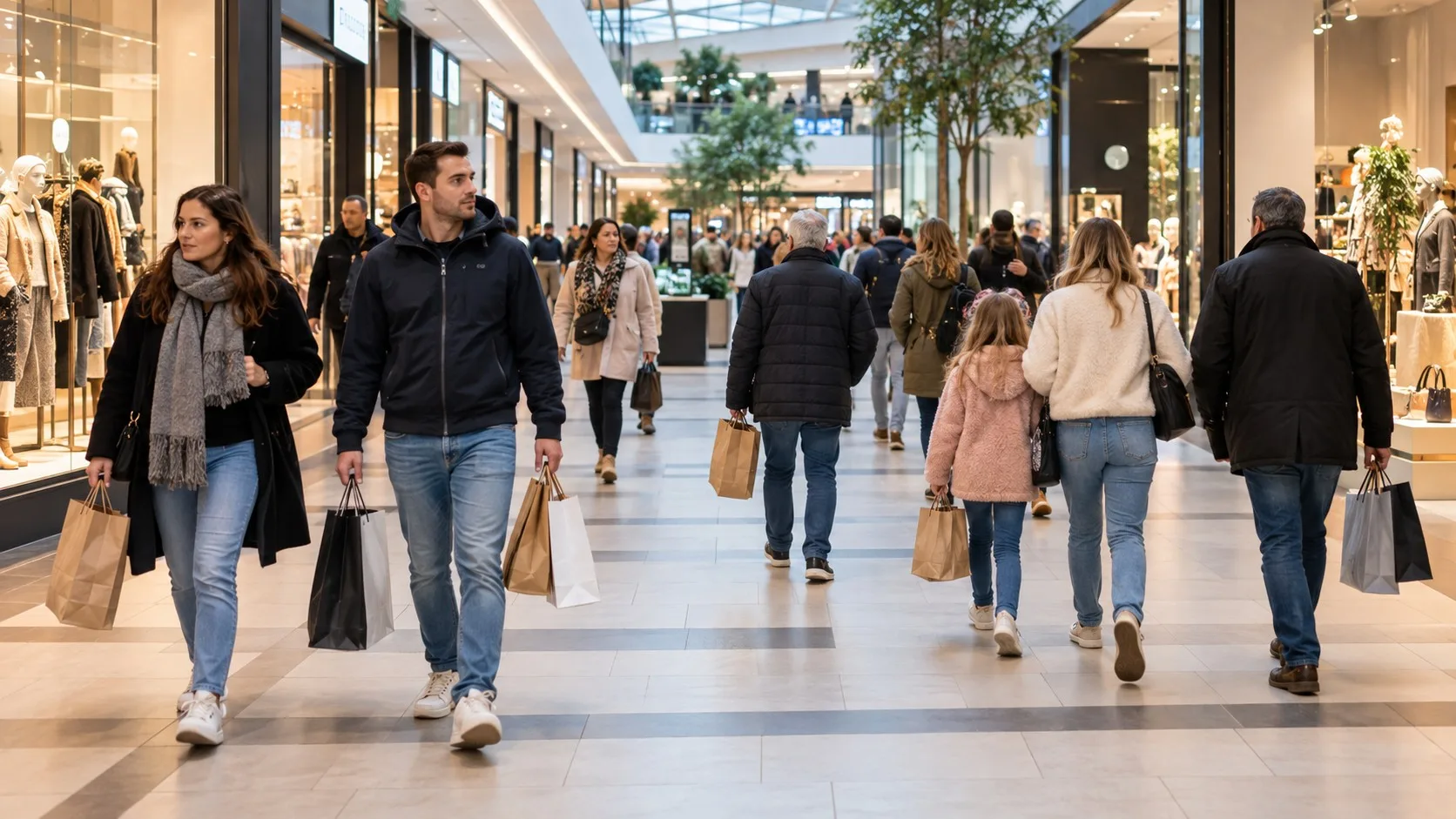 Klienci z torbami w galerii handlowej w Belgii