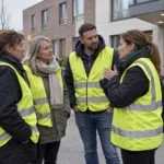 Pracownicy w kamizelkach związkowych przed placówką opieki we Flandrii