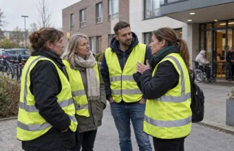Pracownicy w kamizelkach związkowych przed placówką opieki we Flandrii