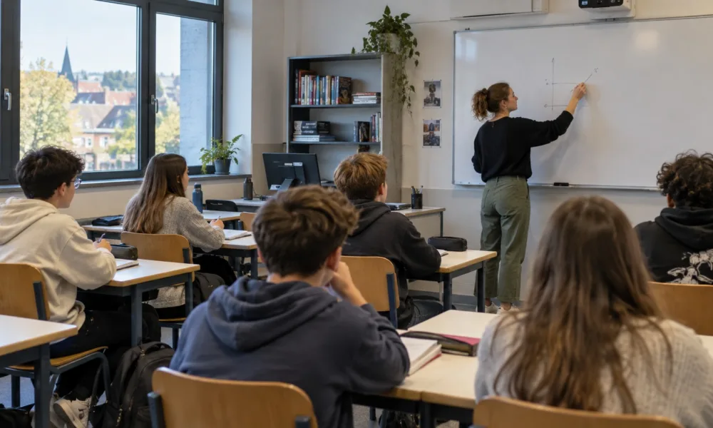 Młody nauczyciel przy tablicy w klasie szkoły średniej