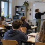 Młody nauczyciel przy tablicy w klasie szkoły średniej