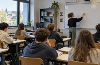 Młody nauczyciel przy tablicy w klasie szkoły średniej