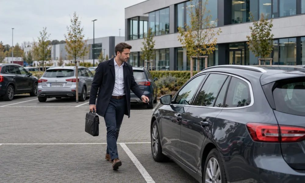 Pracownik idzie do samochodu służbowego na parkingu parku biurowego