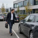 Pracownik idzie do samochodu służbowego na parkingu parku biurowego