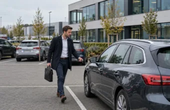 Pracownik idzie do samochodu służbowego na parkingu parku biurowego