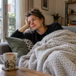 Zmęczona kobieta odpoczywa na kanapie z kocem i herbatą