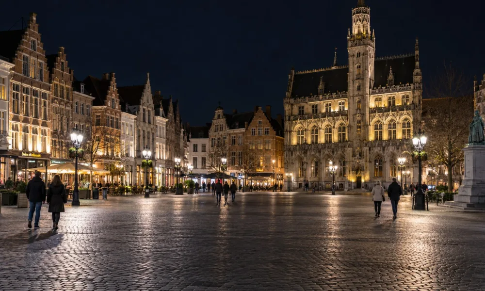 Spokojny rynek flamandzkiego miasta nocą