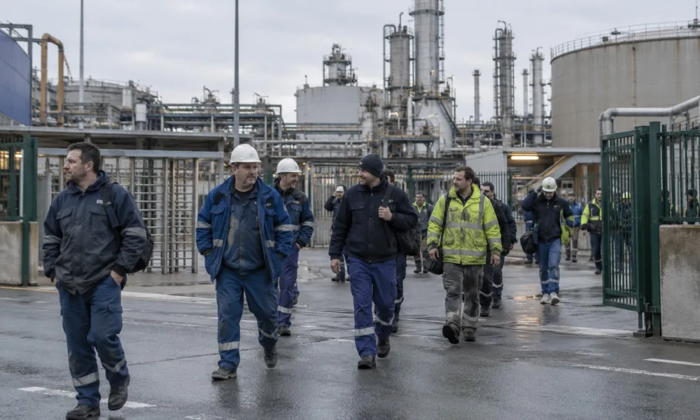 Pracownicy wychodzą z bramy zakładów chemicznych w Limburgii