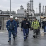 Pracownicy wychodzą z bramy zakładów chemicznych w Limburgii