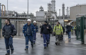 Pracownicy wychodzą z bramy zakładów chemicznych w Limburgii