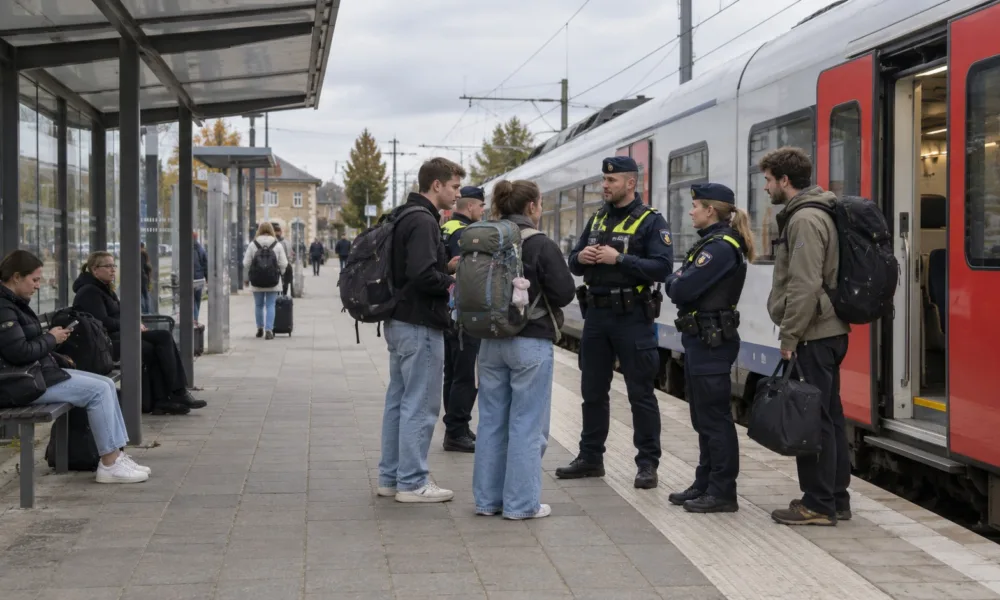 Policjanci na małej stacji kolejowej w Belgii