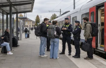 Policjanci na małej stacji kolejowej w Belgii