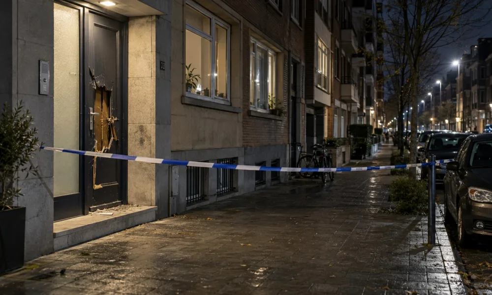 Uszkodzone drzwi budynku mieszkalnego w Antwerpii nocą