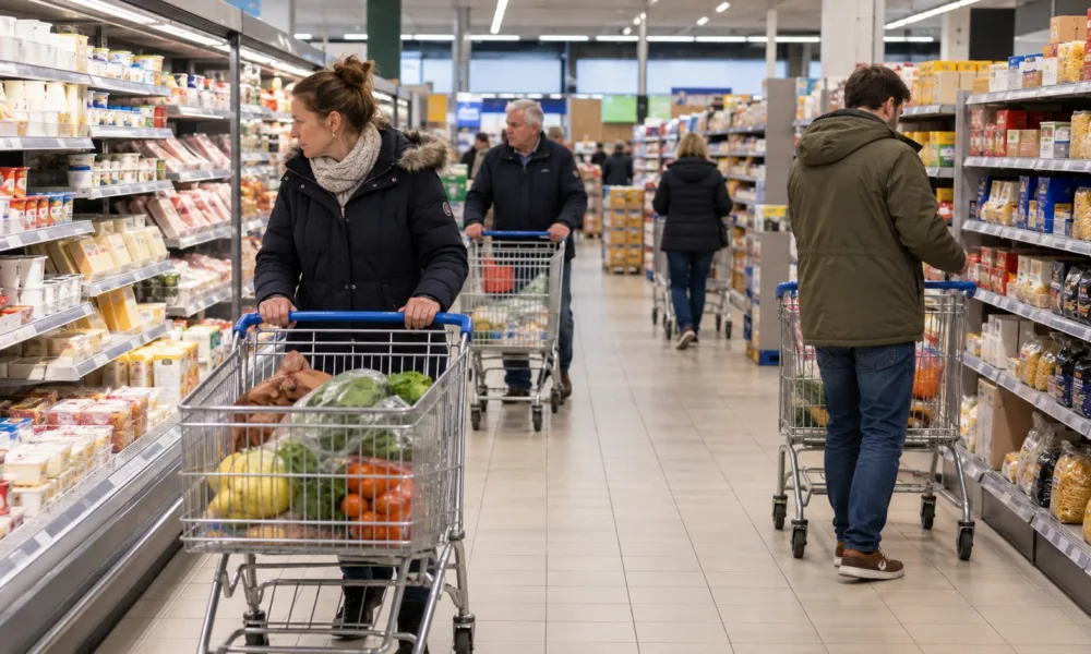 Klienci z wózkami w belgijskim supermarkecie