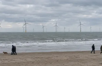 Morskie farmy wiatrowe widziane z plaży