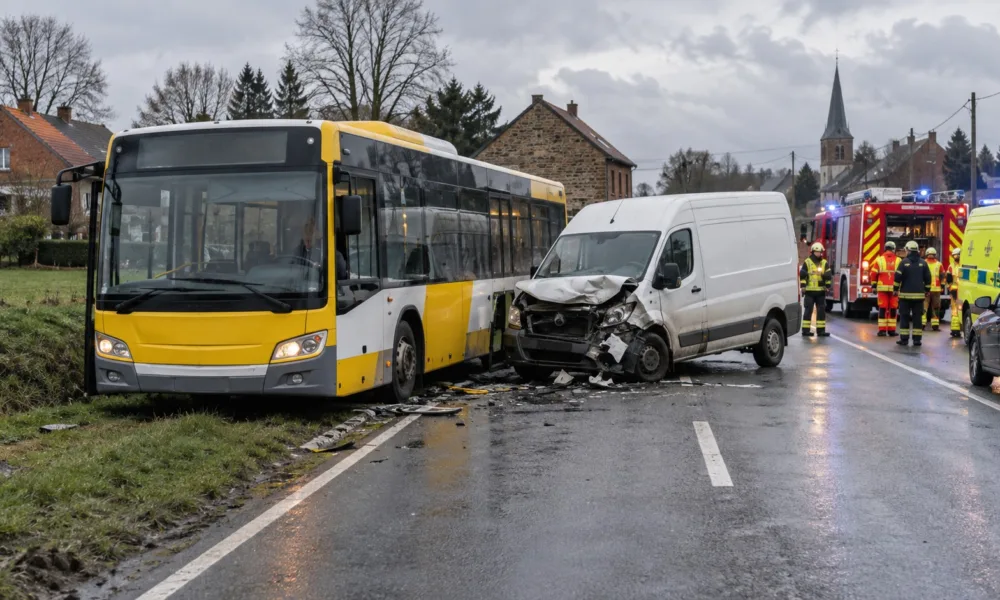 Autobus i uszkodzony samochód dostawczy na drodze w Limburgii
