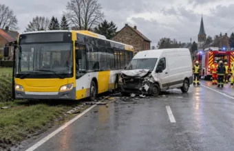 Autobus i uszkodzony samochód dostawczy na drodze w Limburgii