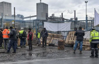 Strajkujący pracownicy przy zablokowanej bramie zakładu
