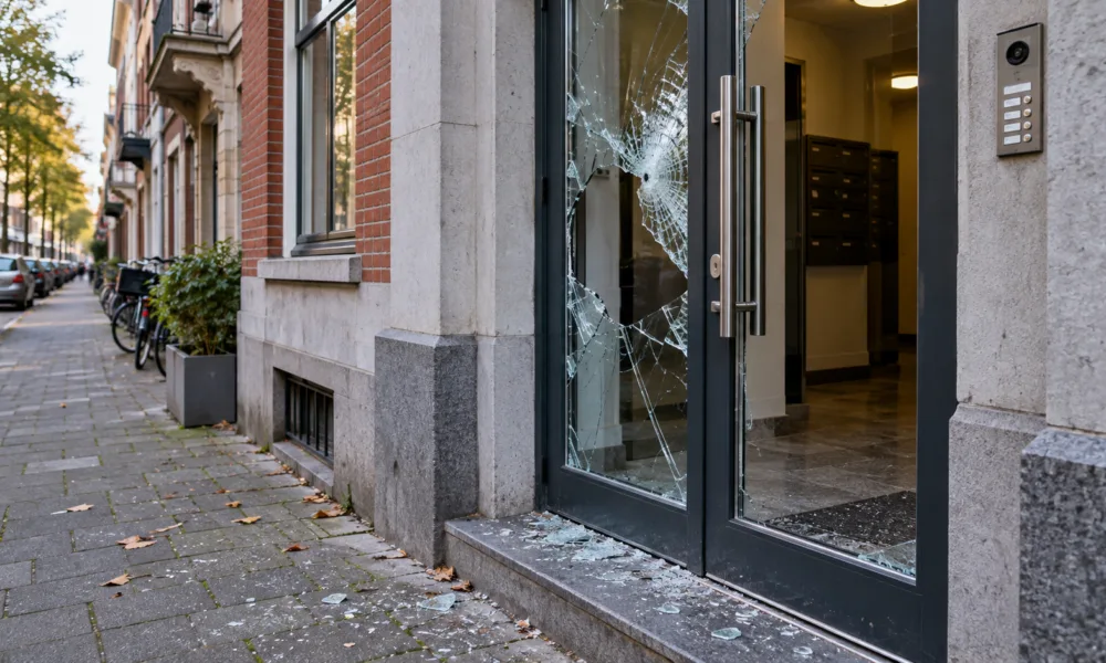 Wizualizacja uszkodzonego wejścia do budynku w Antwerpii