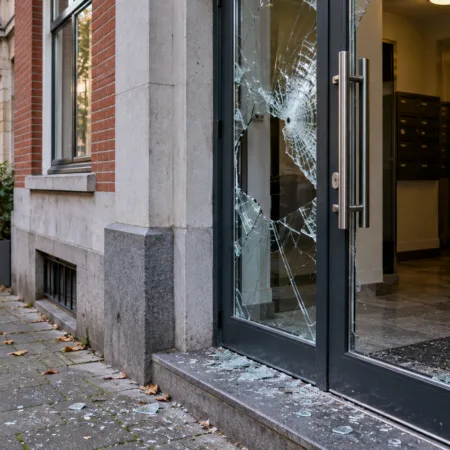 Wizualizacja uszkodzonego wejścia do budynku w Antwerpii