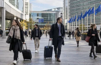 Wizualizacja podróżnych na placu w Brukseli