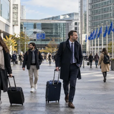 Wizualizacja podróżnych na placu w Brukseli
