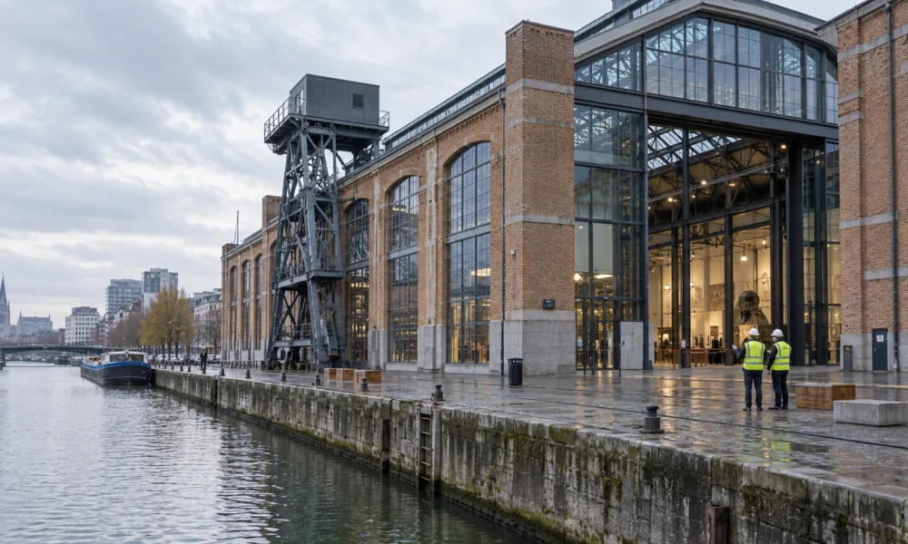 Ilustracyjny widok muzeum Kanal w Brukseli podczas kontroli bezpieczeństwa