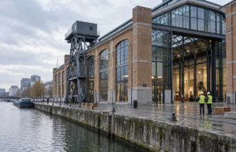 Ilustracyjny widok muzeum Kanal w Brukseli podczas kontroli bezpieczeństwa