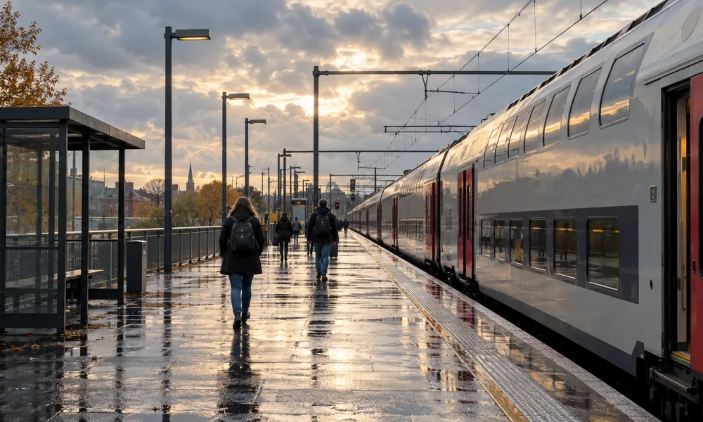 Peron belgijskiej stacji kolejowej z piętrowym pociągiem w jesienny poranek
