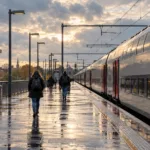 Peron belgijskiej stacji kolejowej z piętrowym pociągiem w jesienny poranek