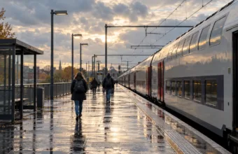 Peron belgijskiej stacji kolejowej z piętrowym pociągiem w jesienny poranek