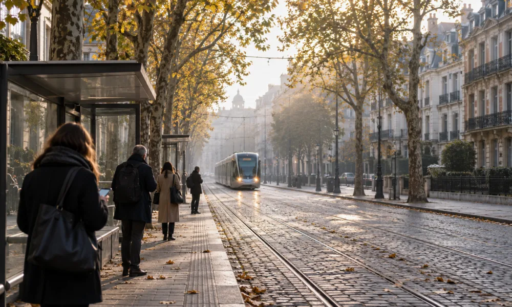 Przystanek tramwajowy na brukselskim bulwarze w jesienny poranek, kilka osób widzianych z tyłu i nadjeżdżający w oddali tramwaj