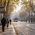 Przystanek tramwajowy na brukselskim bulwarze w jesienny poranek, kilka osób widzianych z tyłu i nadjeżdżający w oddali tramwaj