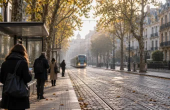 Przystanek tramwajowy na brukselskim bulwarze w jesienny poranek, kilka osób widzianych z tyłu i nadjeżdżający w oddali tramwaj